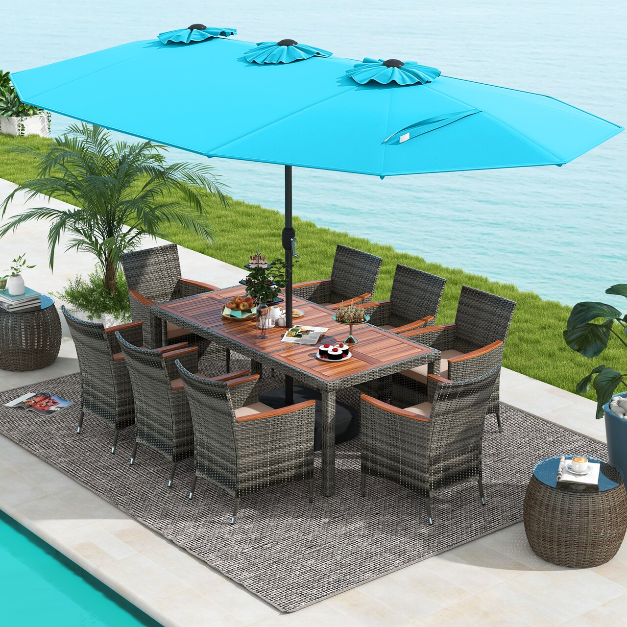 10-Piece Outdoor Wicker Dining Set with Acacia Wood Table, Cushioned Chairs and 15 Feet Umbrella